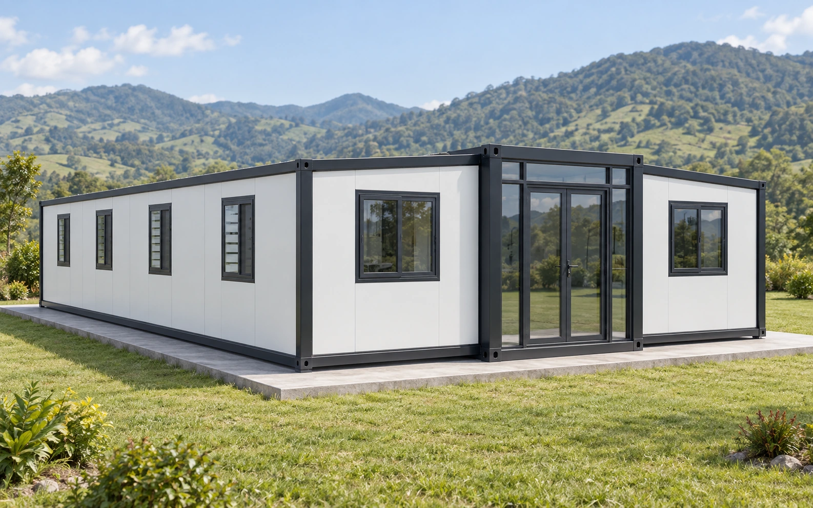 Visualización ilustrativa de DomuCasa 40 en blanco y grafito con entrada acristalada